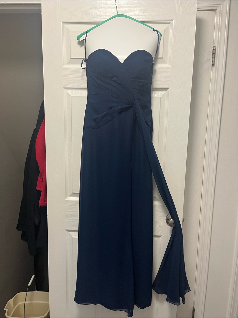 Faviana Strapless Navy Chiffon Gown with Draped Sash
